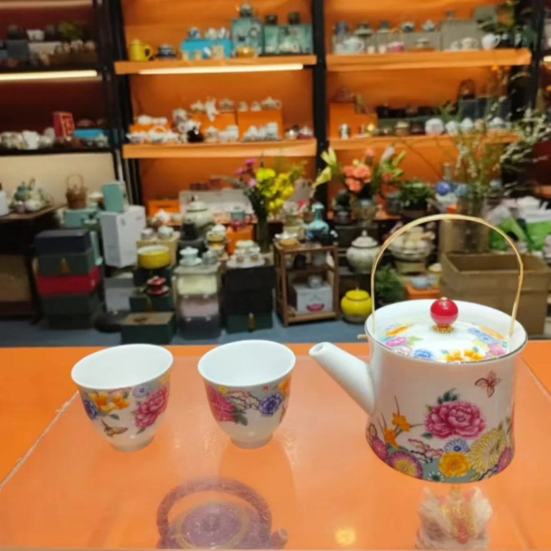 德化云仓 羊脂玉万花玛瑙粒提梁壶+2杯-2301