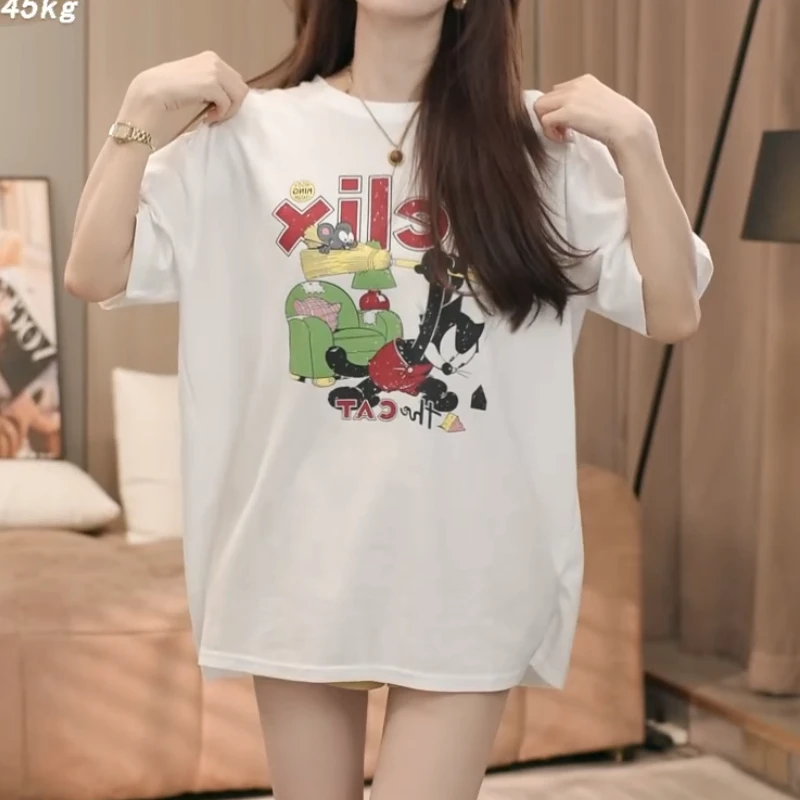 夏季新款时尚休闲宽松卡通拼接蕾丝印花短袖T恤LK2503115-1