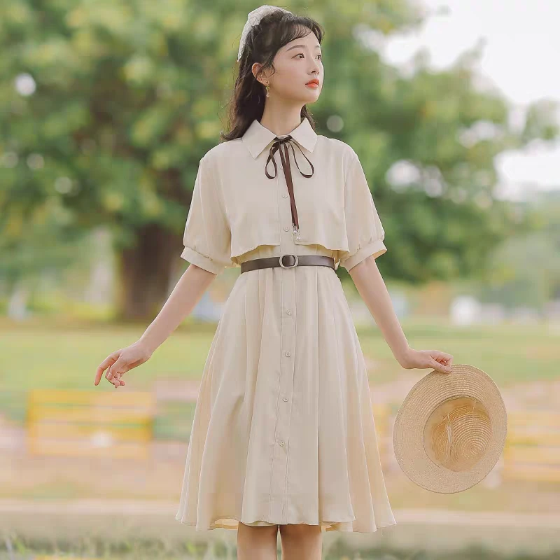 假两件连衣裙少女夏季初中高中学生森系收腰法式衬衣裙子
