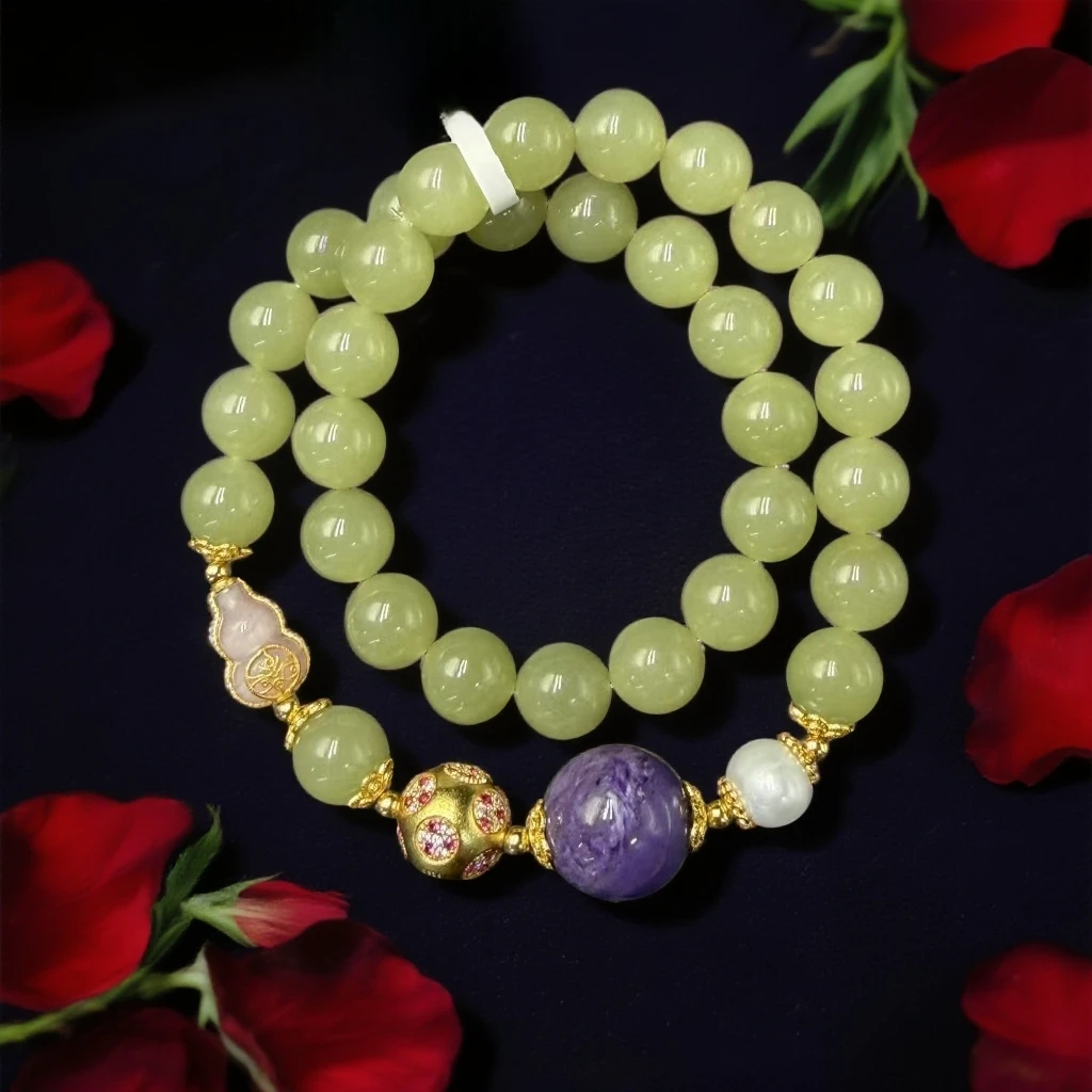 F052 和田玉晴水圆珠双圈手链