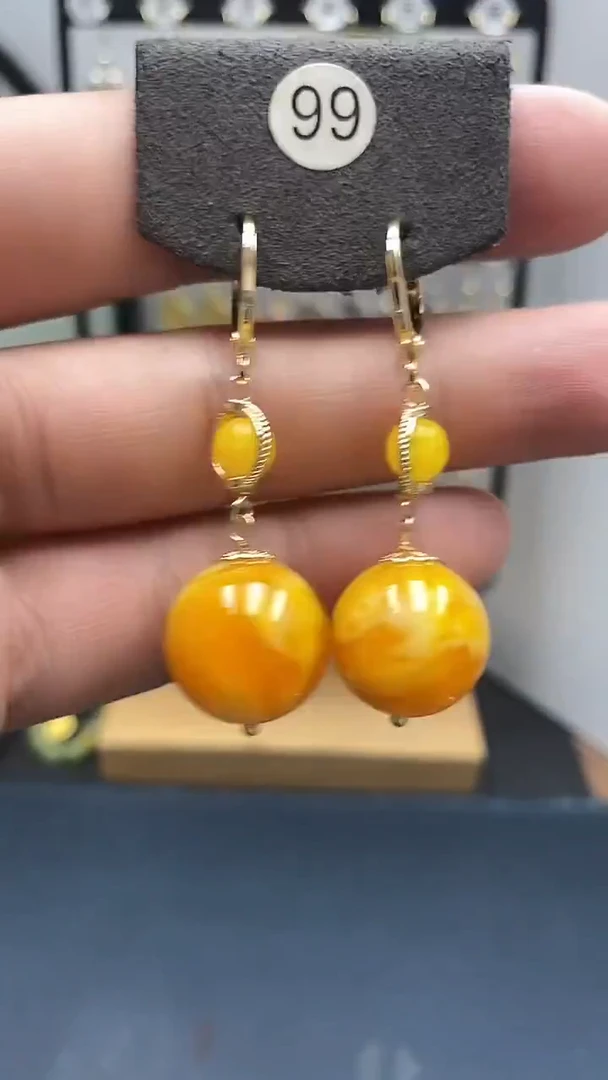 银S925镀金镶嵌蜜蜡耳饰尺寸16mm耳扣D1