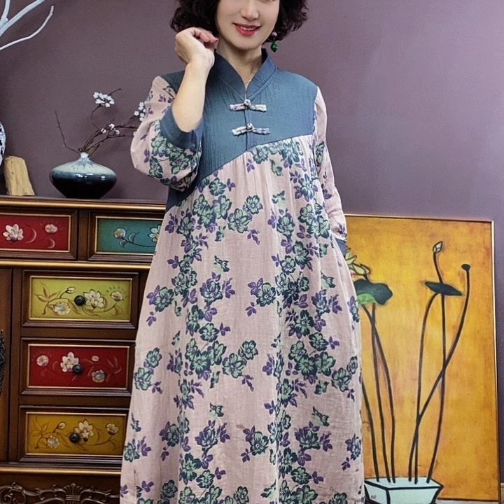 古匠1繁花似锦棉双层纱连衣裙宽松套装柔软新中式复古中长款睡裙