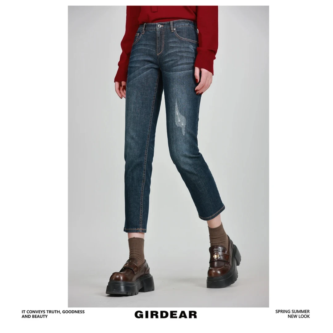 GIRDEAR/哥弟显瘦高腰直筒破洞中腰水洗九分牛仔裤1100236