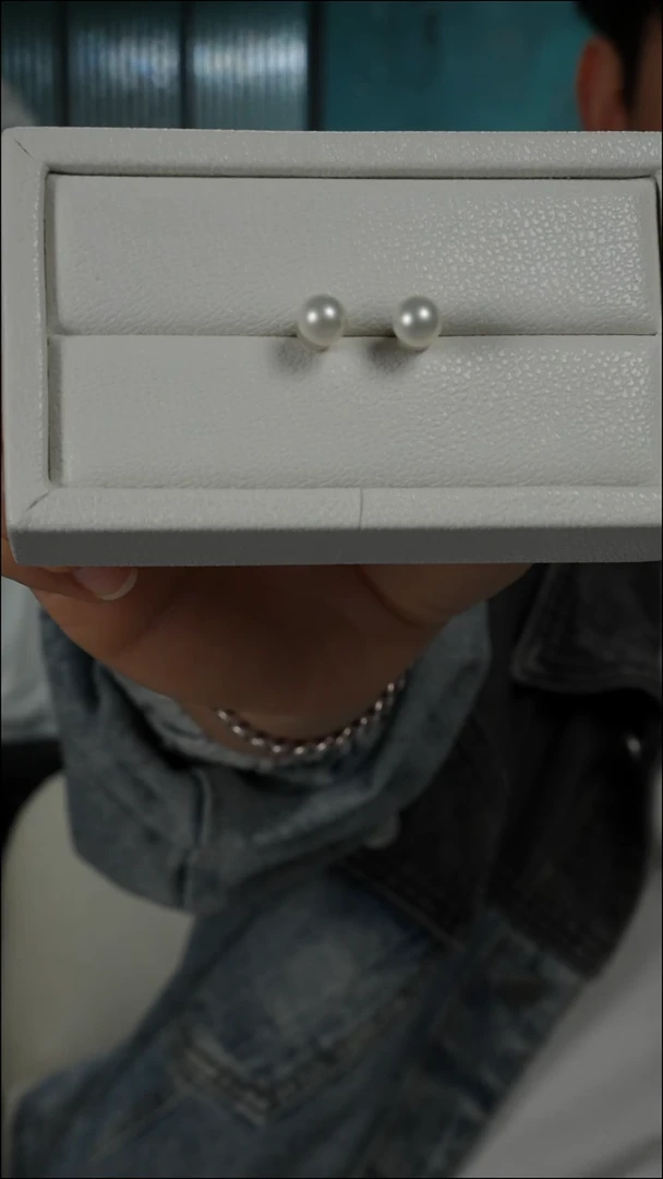 银S925镶嵌耳钉海水珍珠AK素钉6.5-7mm