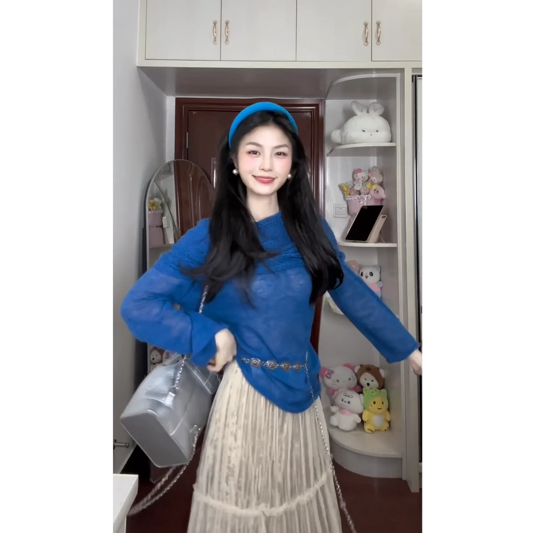 2025秋季新款纯欲甜辣风蓝色一字肩长袖针织上衣高腰显瘦半身裙女