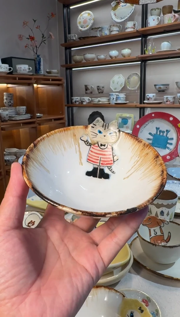陶橙*日本陶艺手作作家器物小野濑白色猫咪碗