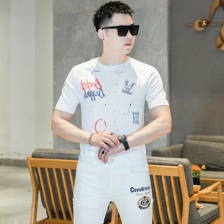 2025欧货轻奢男士针织冰丝短袖T恤印花时尚百搭夏季半袖上衣潮029