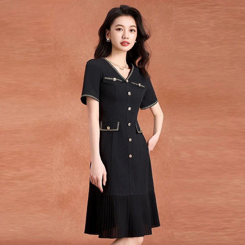高级感中长款收腰显瘦气质连衣裙女春夏新款短袖黑色裙子高档品牌