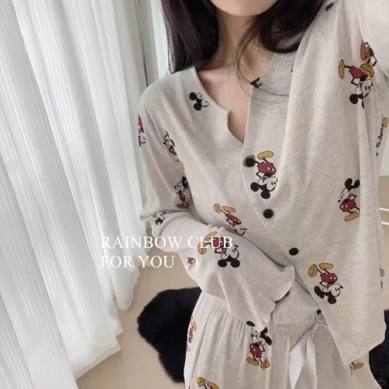 韩系卡通米奇印花长袖睡衣女春秋新款软糯舒适甜美长裤家居服套装