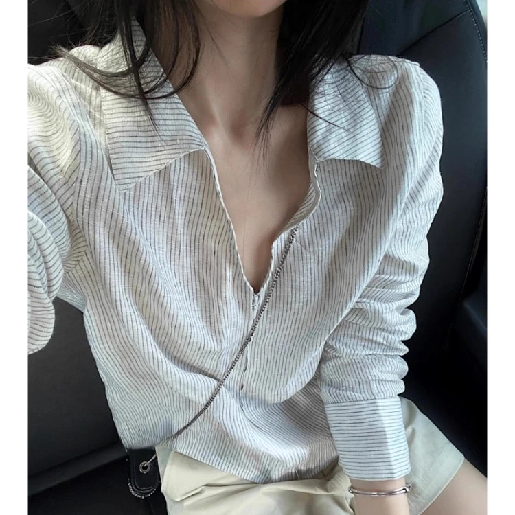 高端货~韩系简约条纹翻领薄款长袖衬衫夏季新款V领时尚正肩上衣
