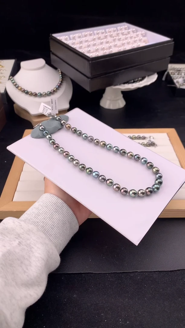 银S925镶嵌颈饰海水珍珠大溪地海水珍珠项链巴洛克螺纹炫彩8-11mm