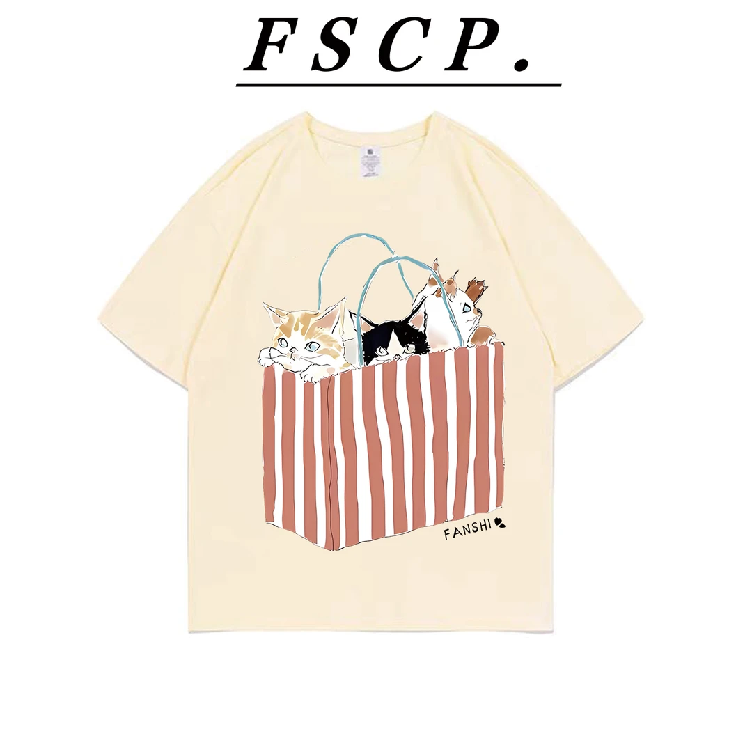 【FSCP.】购物袋小猫！纯棉短袖重磅卡通印花潮流百搭T恤