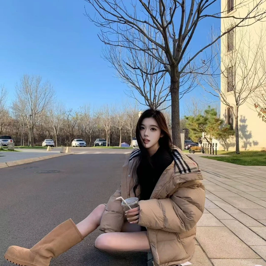 【丹麦雪境】新款经典毛呢格子连帽可拆卸袖子可拆卸羽绒服外套