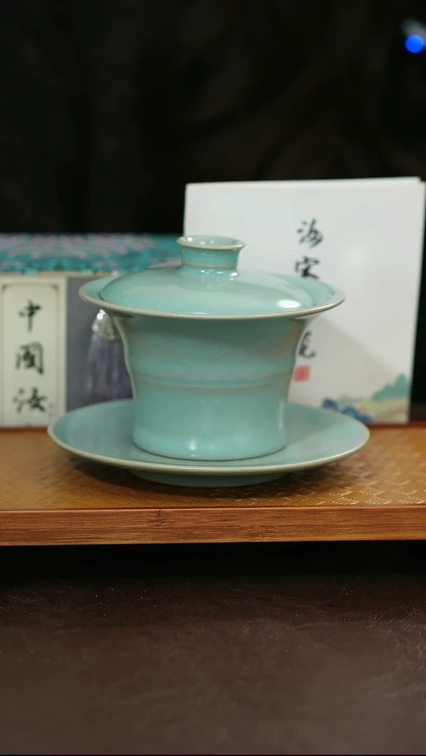 摆件陶原矿原釉汝宋汝瓷 三才盖碗