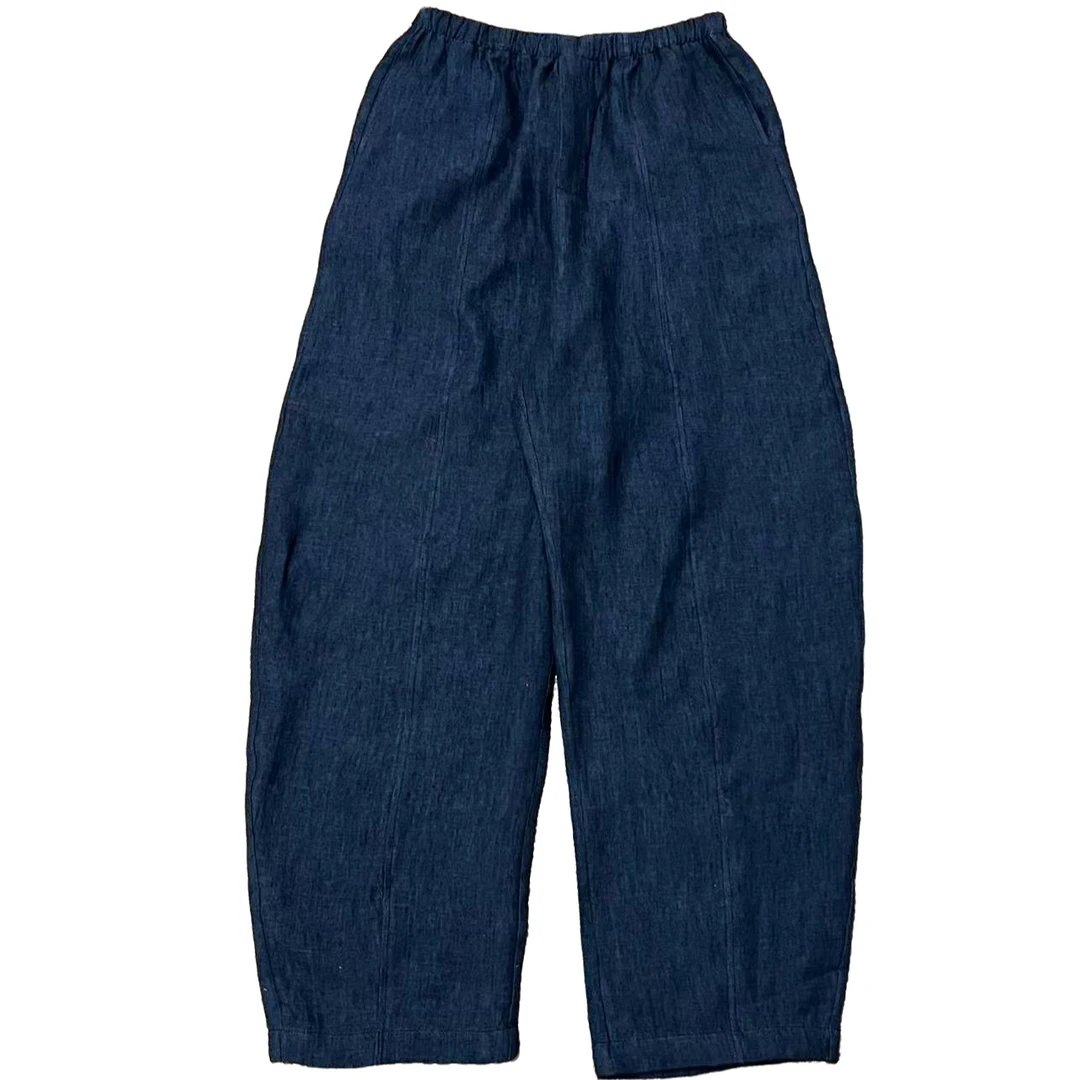 一半---蓝色斜纹亚麻异型长裤255102