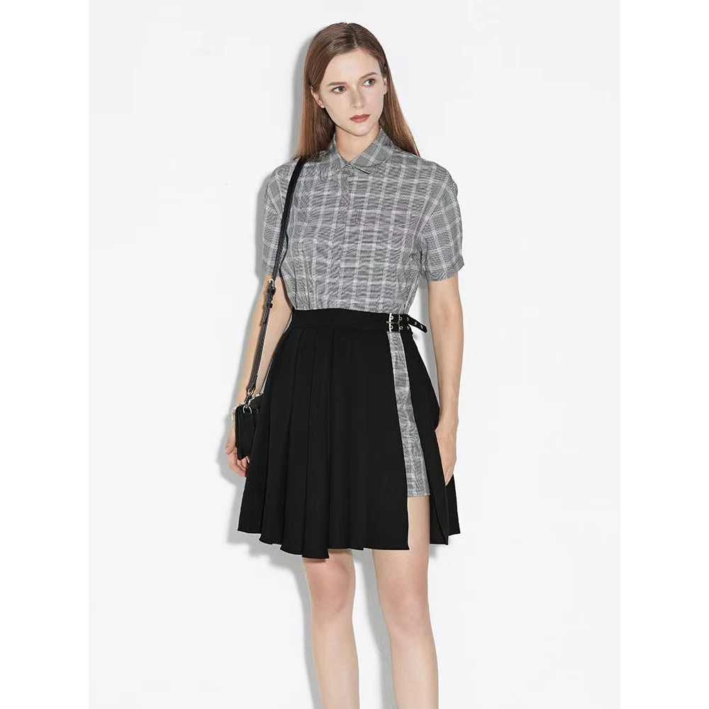 SDEER撞色格纹百褶拼接连衣裙S21261273