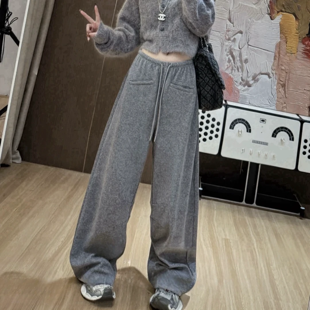 春秋新款阔腿裤女2025时尚百搭灰色休闲裤松紧腰宽松显瘦 拖地裤