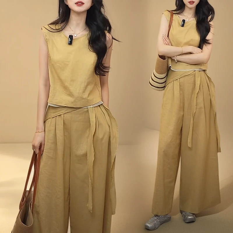2025年新款夏季老钱风时尚套装阔腿裤减龄背心高腰系带宽松休闲