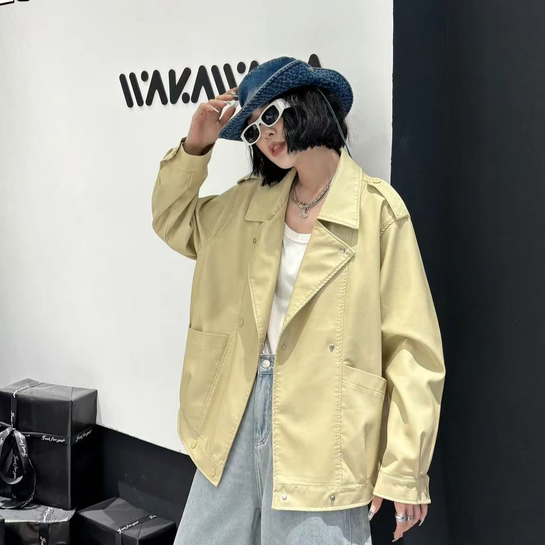 【柚柚】高品质春款气质时尚百搭PU外套水洗皮衣大码外套