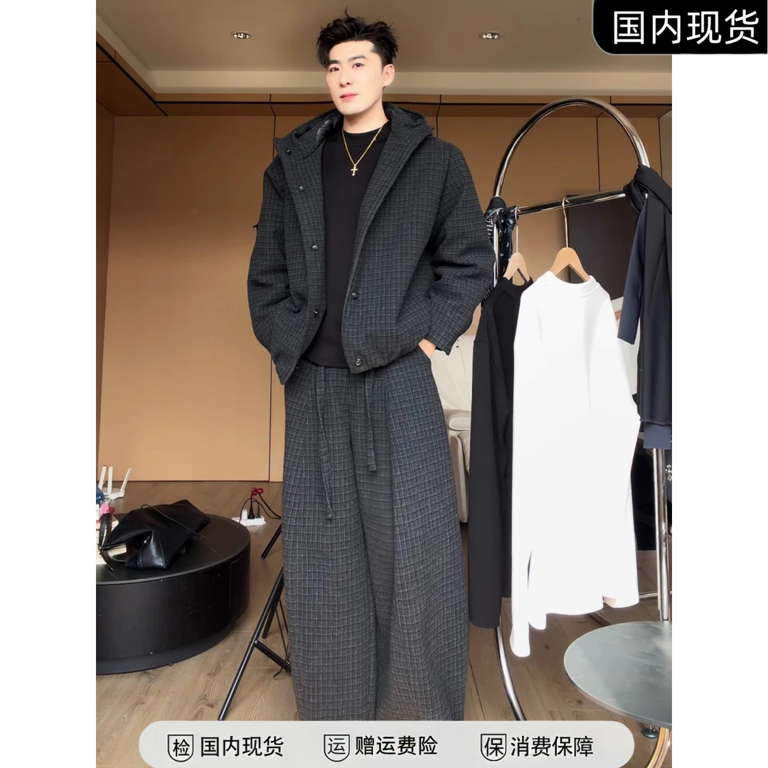 VALVOELITE秋冬新品羊毛格子服夹克套装男宽松百搭外套长裤两件套