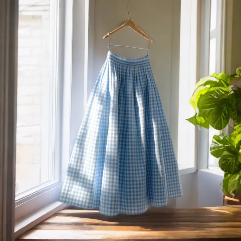 蓝色格子棉质高腰设计温柔气质款A字半身伞裙女