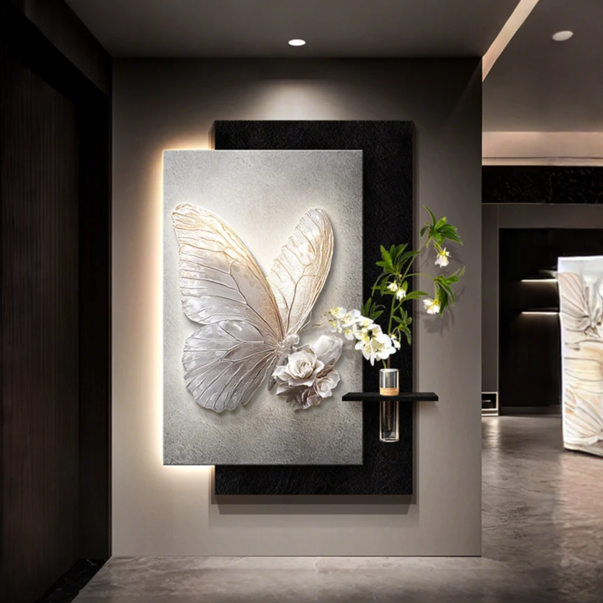 现代简约蝴蝶玄关装饰画入户正对门挂画走廊过道尽头水培绿植壁画