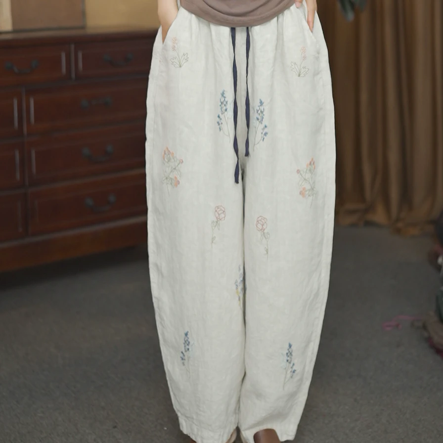 【夏布与麻】夏季新款112亚麻压皱休闲百搭文艺刺绣单层长裤