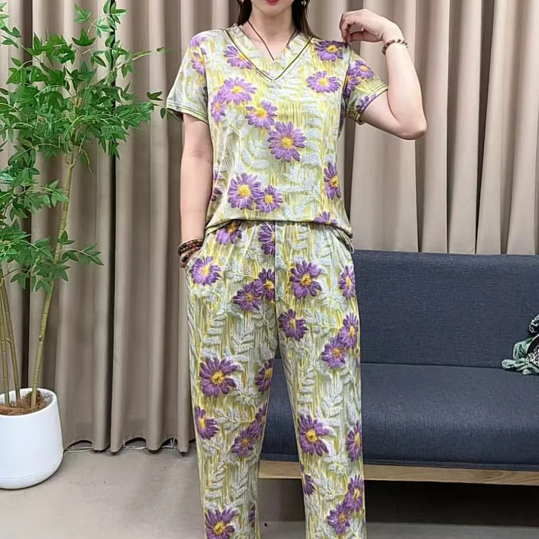 【墨严】夏季新款妈妈装套装两件套九分裤薄款