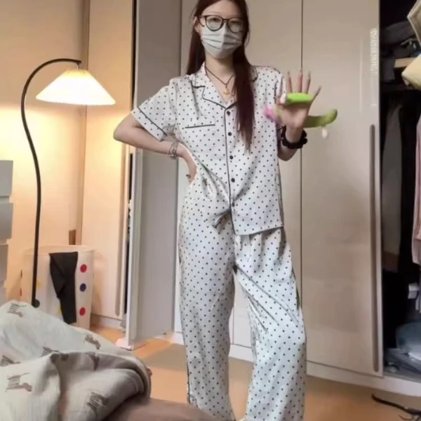 【DSYJ大睡衣家】高级波点印花短袖冰丝睡衣女夏新款缎面家居服套装