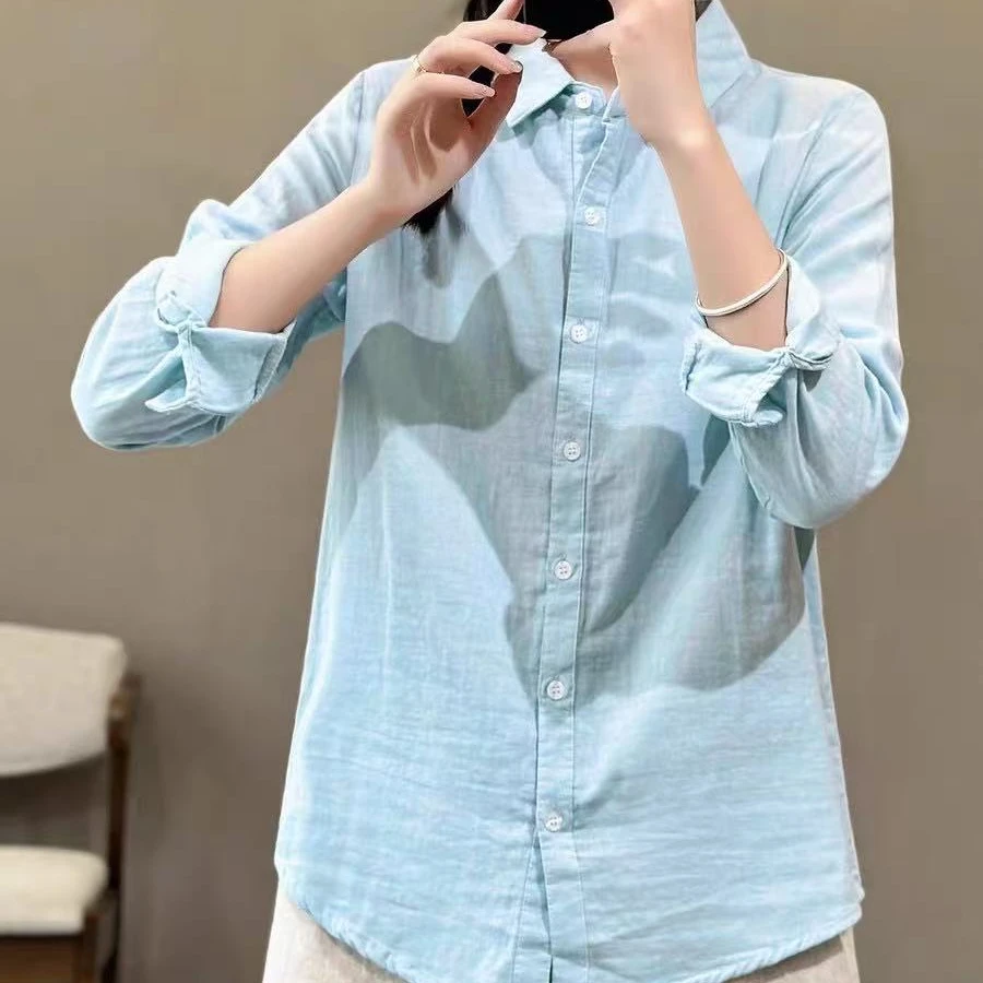 MZ.春季新款百搭双层棉纱净面衬衣宽松女式衬衫2350-XS