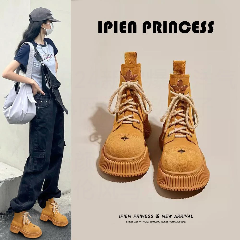 松糕厚底马丁靴女2025夏季新款沙漠踢不烂大黄靴炸街增高小短靴子