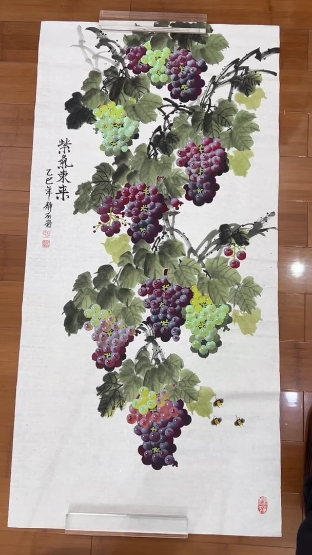 国画【福利，纯手工手绘】杜静丽葡萄竖版138*68厘米
