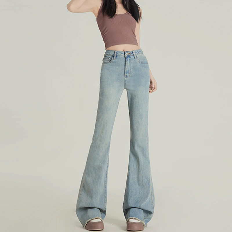 春季复古辣妹低腰美式修身微喇显瘦毛边牛仔拖地裤女弹力喇叭裤女