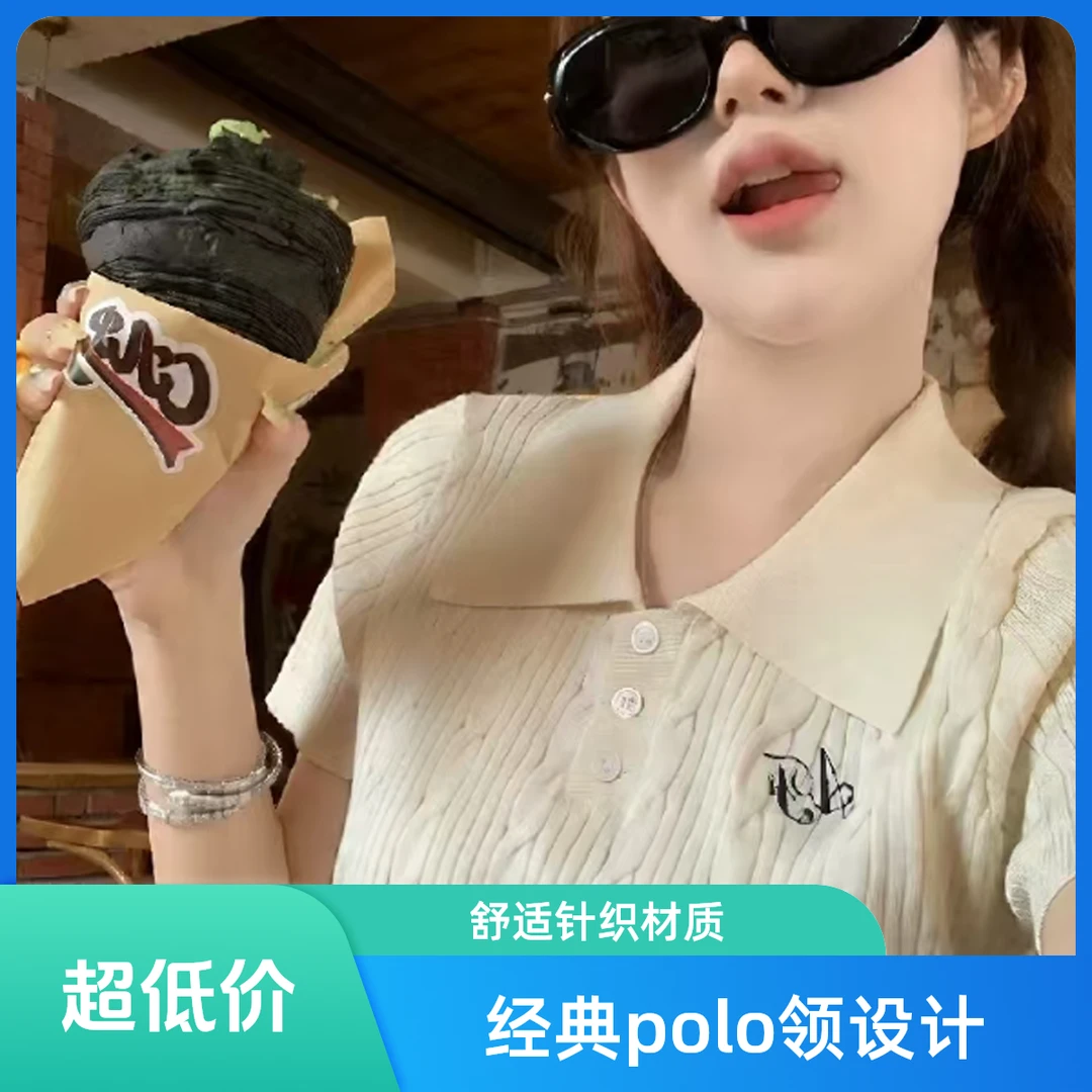 2161针织polo衫短袖t恤女夏装薄款修身刺绣翻领正肩短款体恤潮