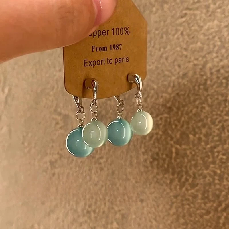 夏日冰透感~撞色蓝色圆珠耳环女小众独特耳饰女高级感后挂式耳钉