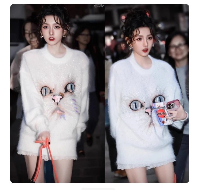 宋祖儿同款白色猫咪印花仿水貂毛宽松休闲慵懒风巨好看针织衫毛衣