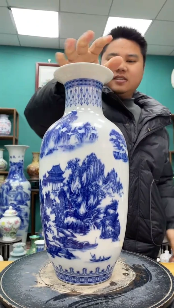 摆件青花山水冬瓜陶瓷摆件