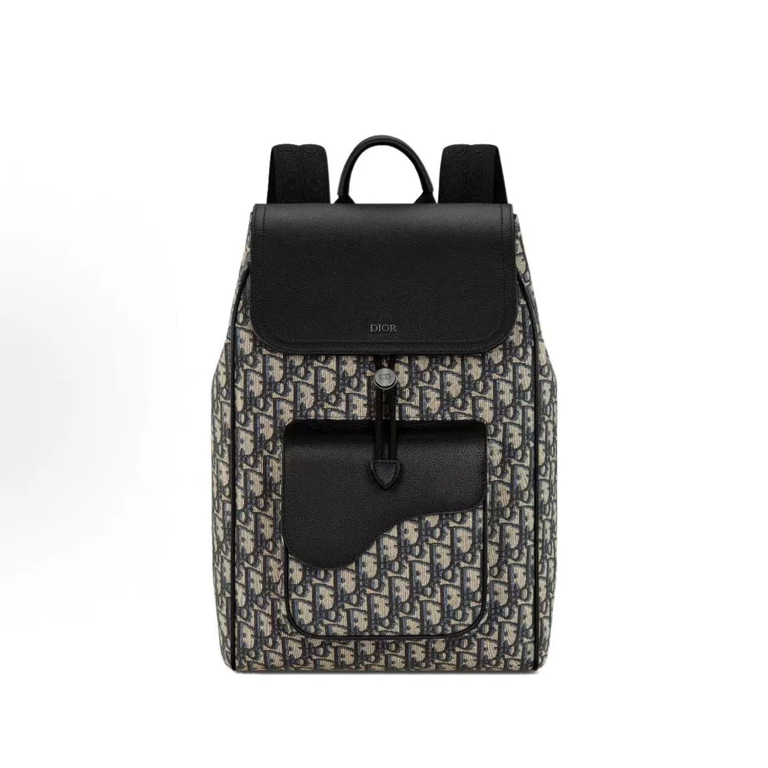 99新 DIOR/迪奥 经典老花刺马鞍绣翻盖抽绳双肩包背包 23编码