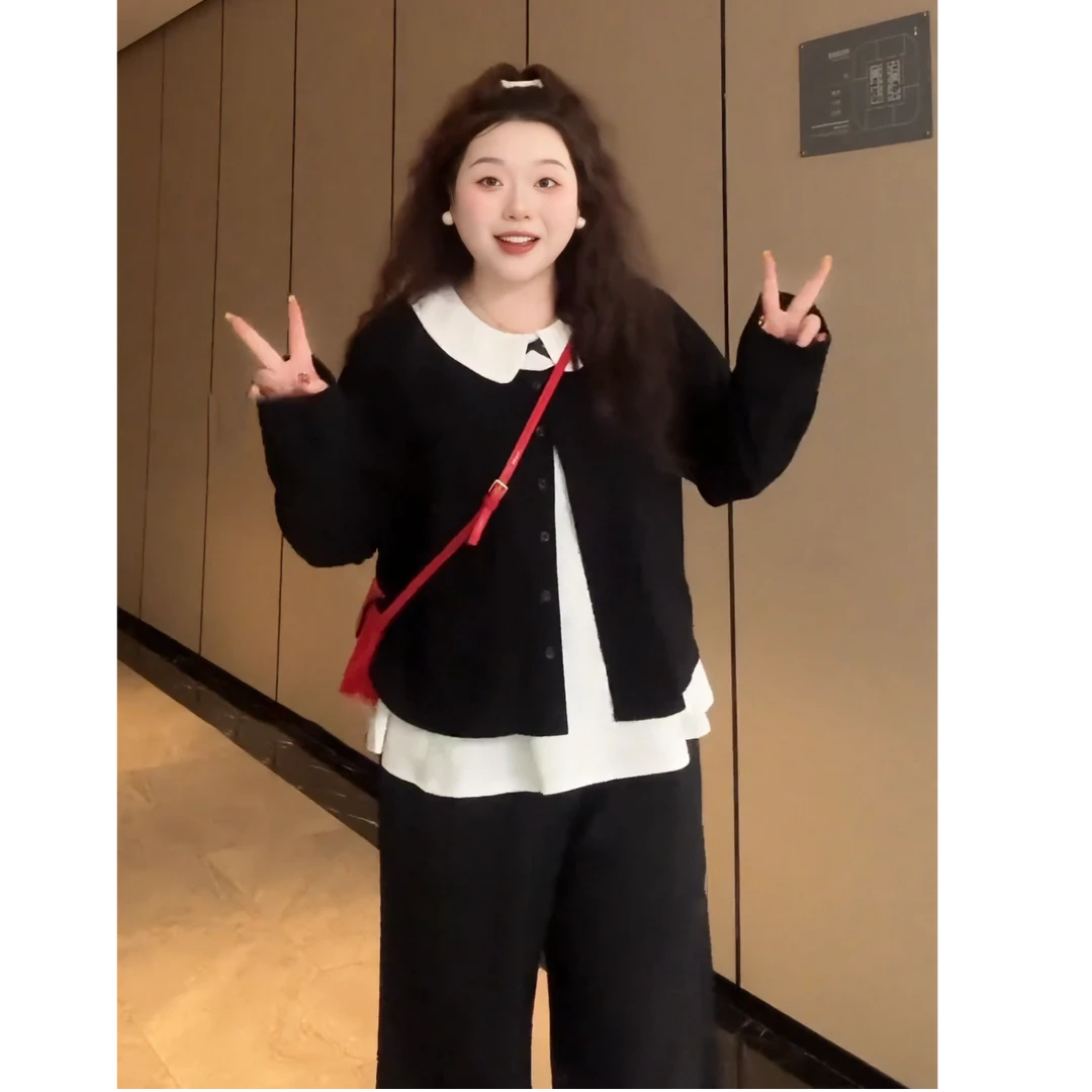 大码秋季新款遮肉显瘦假两件娃娃领T恤女胖mm甜美设计感长袖上衣
