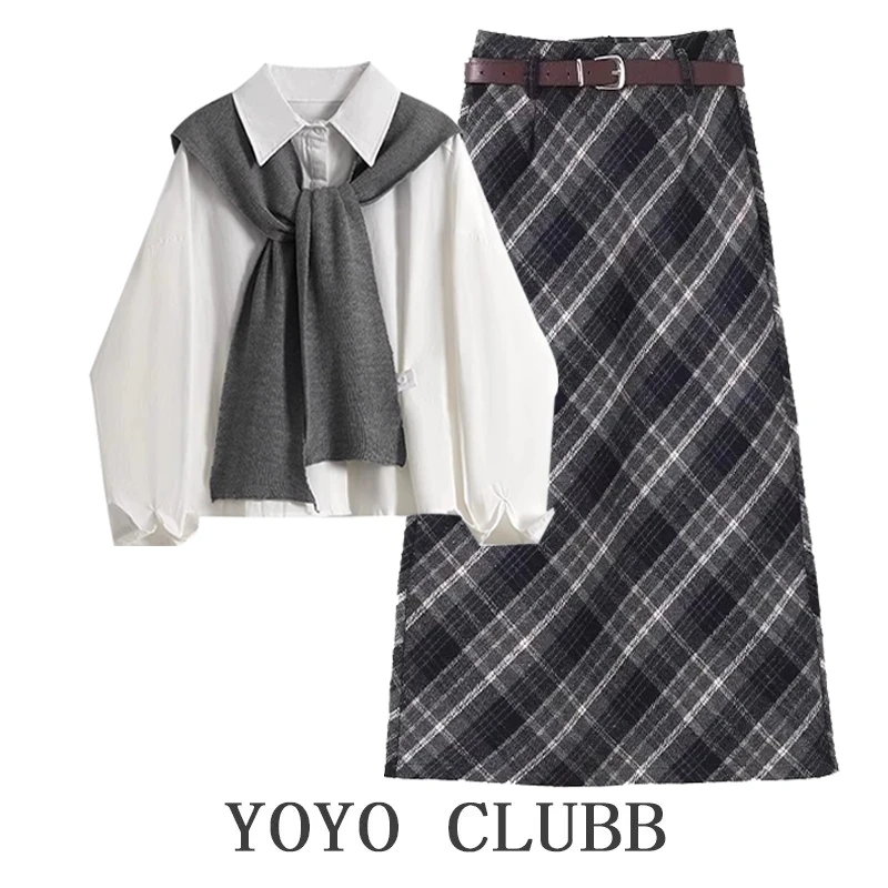 秋季穿搭一整套2025新款韩系气质衬衫上衣披肩搭显瘦半身裙三件套