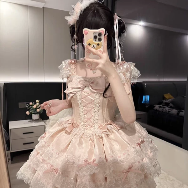 茉汐手工花屿蝶Lolita粉色公主风千金裙高级昭和doll风格洛丽塔裙