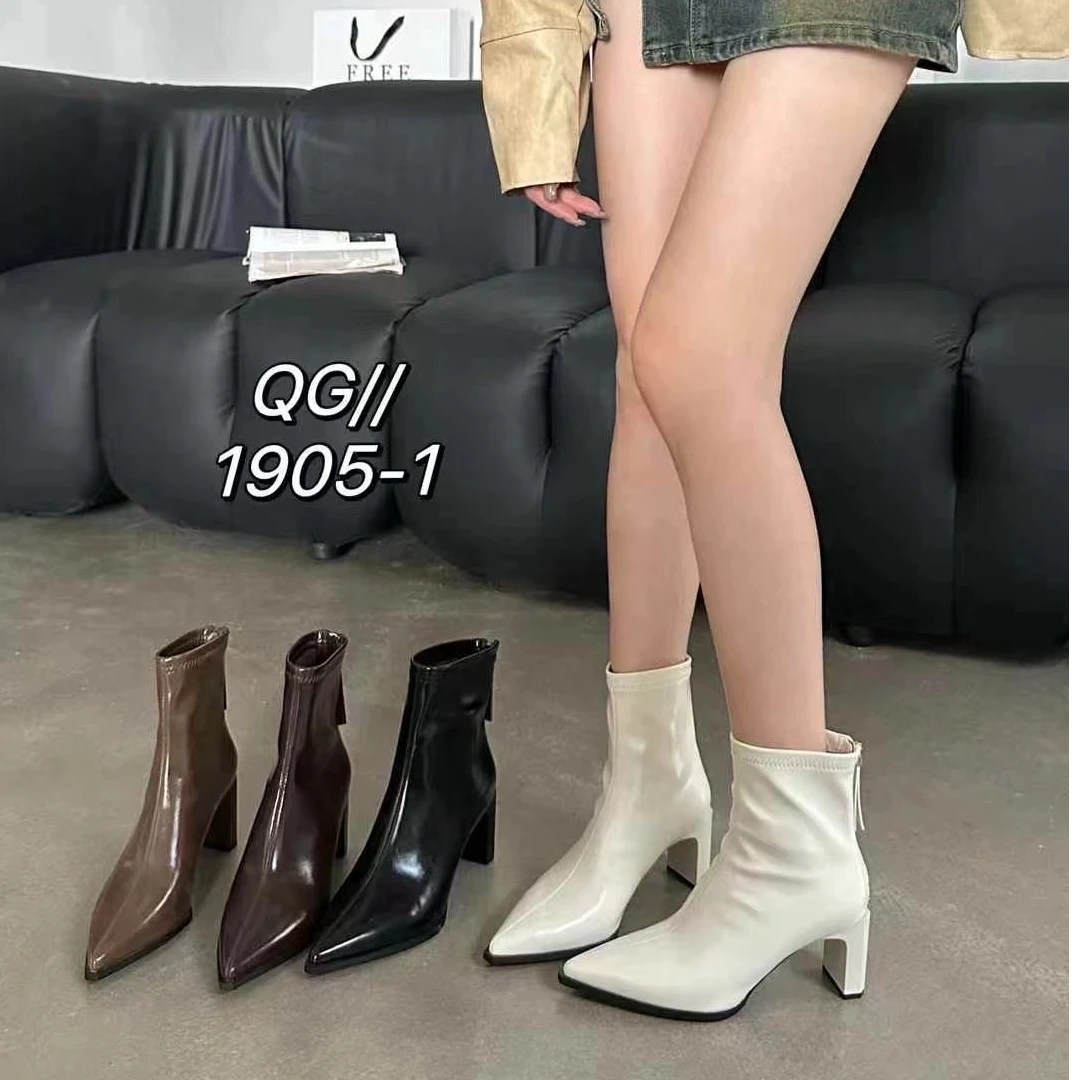 一L秋冬新款韩版通勤瘦瘦简约粗跟裸靴短靴1905-1(加绒)