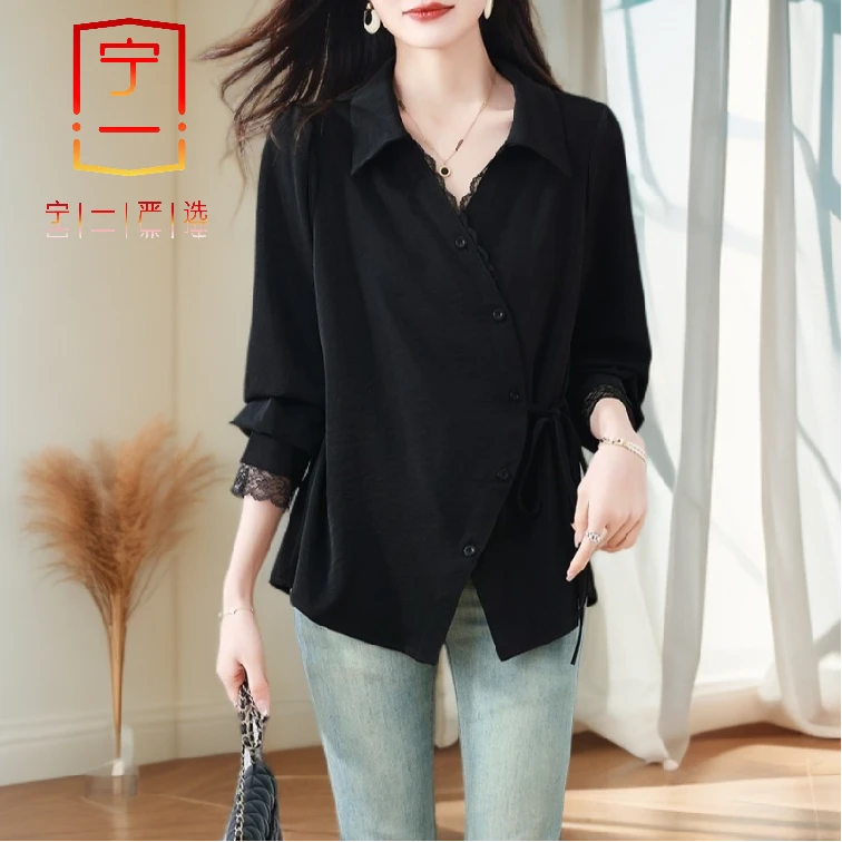 【宁一女装】衬衫时尚休闲宽松显瘦微胖妹妹纯色简约百搭上衣春秋季