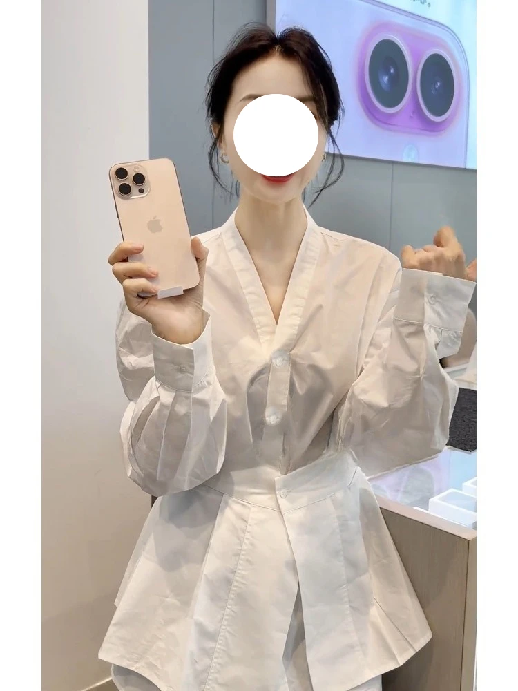 衬衣女款2025春新款爆款法式气质上衣超好看独特漂亮收腰白色衬衫