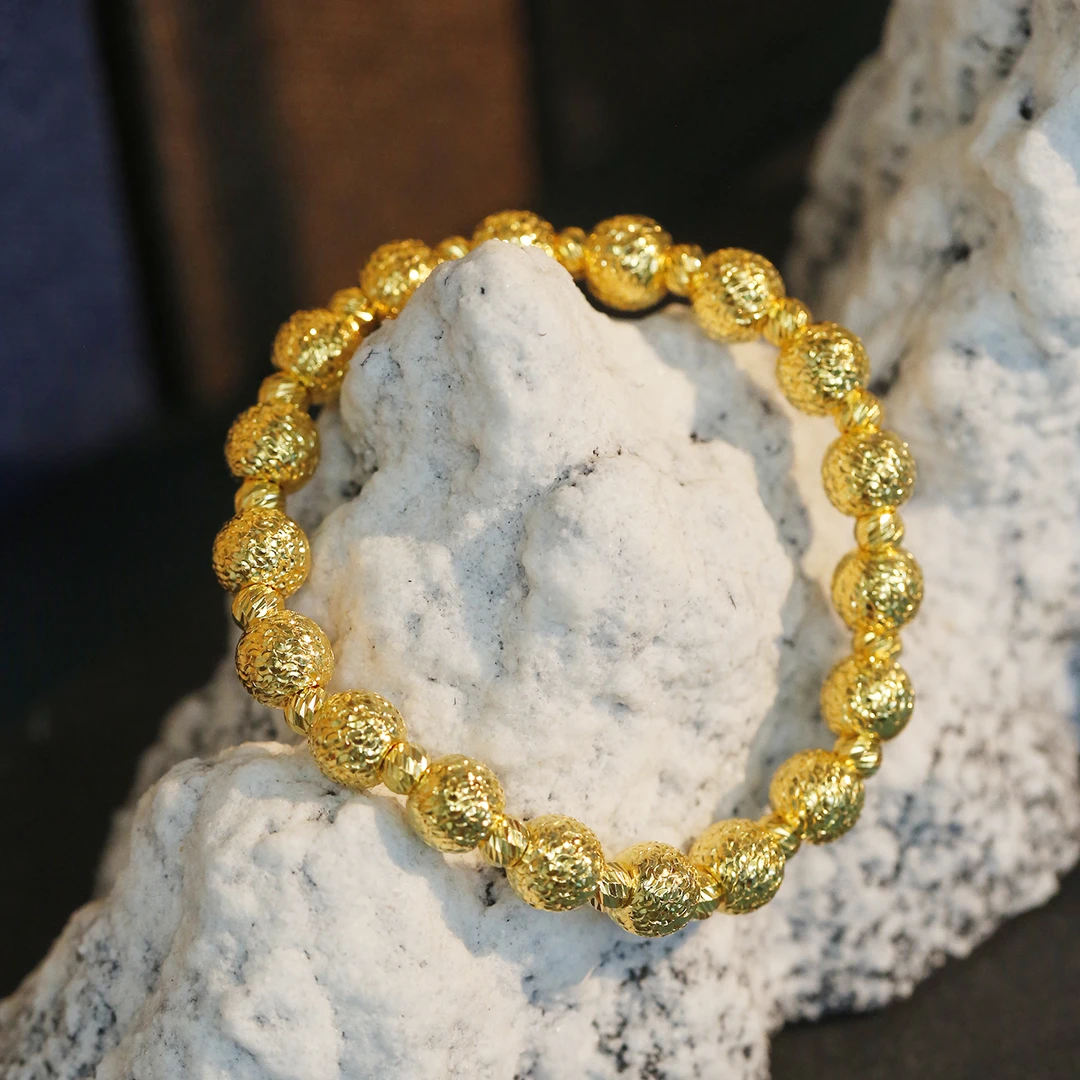 足银手链 古法足银999碎冰冰手串金色传承爆闪圆珠空心银手串