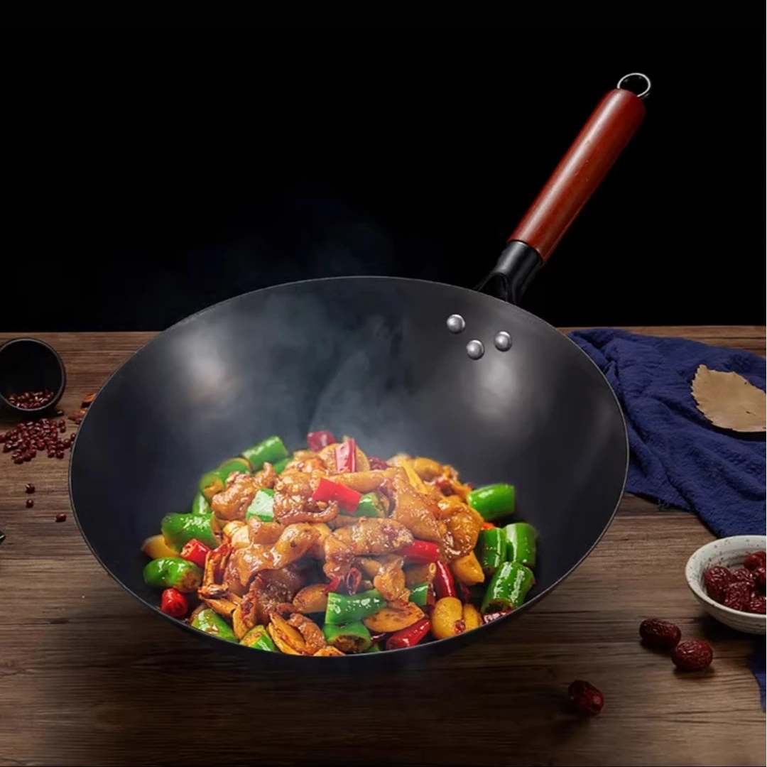 永新家用锅物理不粘锅免开锅直接用无涂层碳化精铁锅圆底锅平底锅