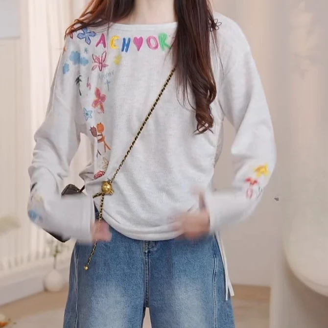 韩系ins长袖女士上衣慵懒风T恤C6020