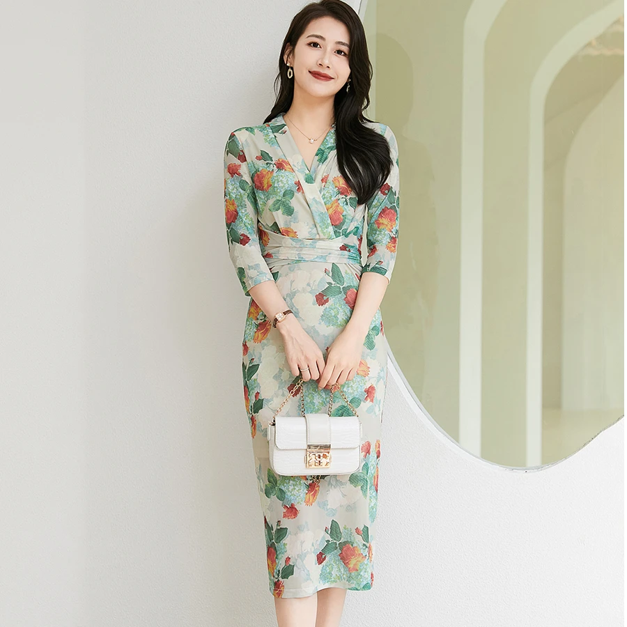 裹身裙2025春夏秋绿色蔷薇花绝美网纱显瘦高级感头绑带包臀连衣裙