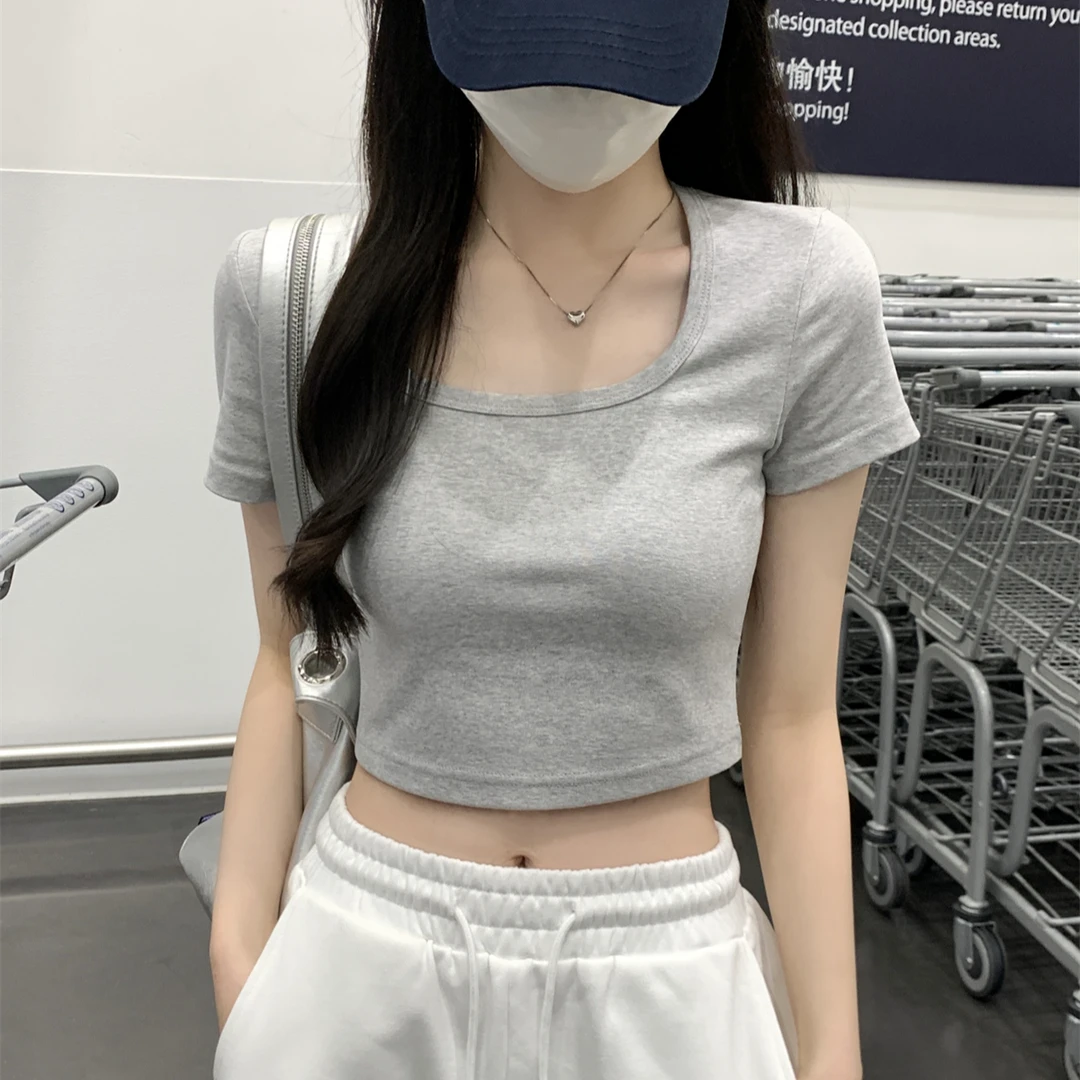 2025露脐短款法式方领T恤女夏季正肩95棉上衣美式辣妹灰色短袖