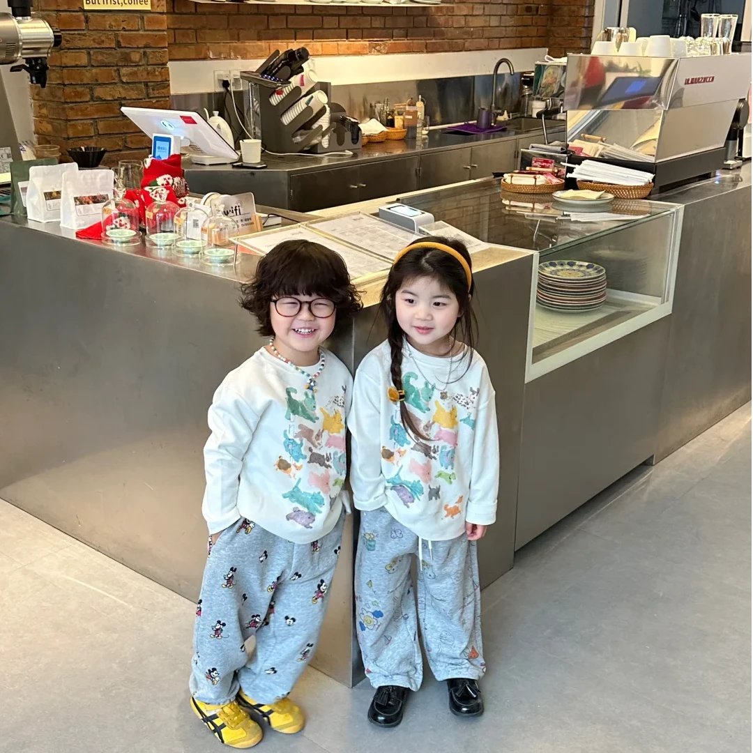 壹妈童装韩版女童秋装套装秋冬新款儿童洋气卡通印花T恤休闲裤子